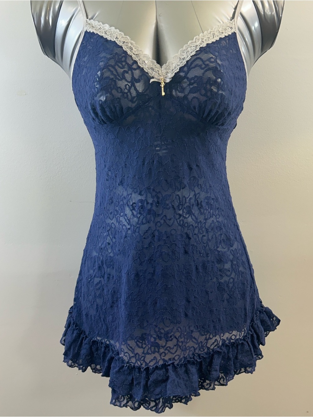 Victoria's Secret Navy Lace Chemise with Ivory Trim and Ruffle Hem